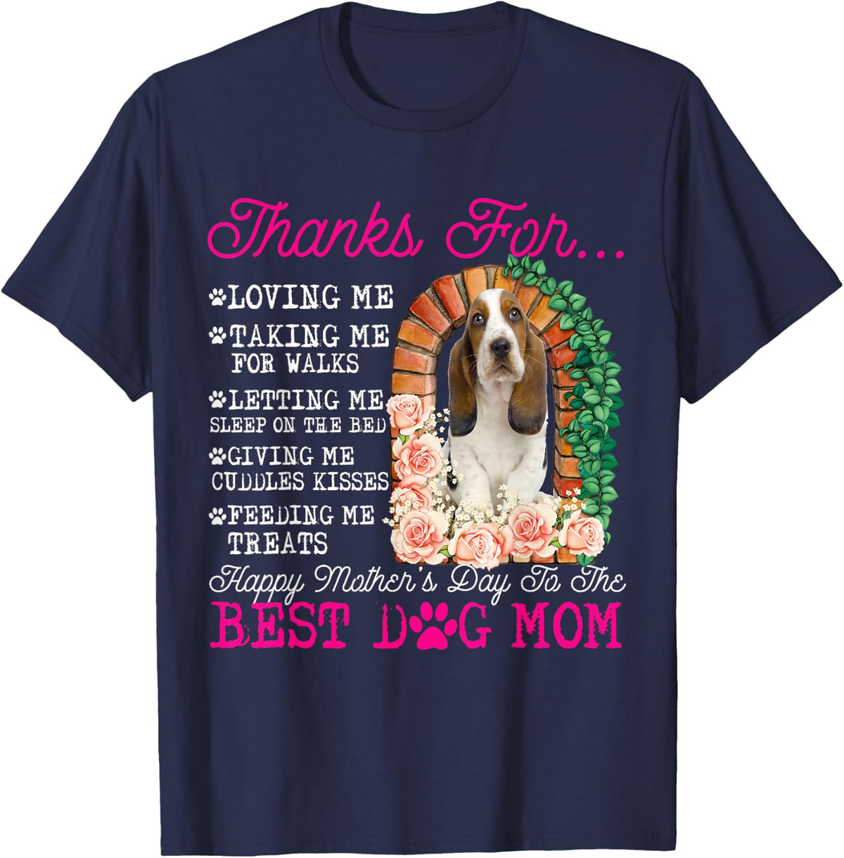Funny Happy Mother's Day Best Dog Mom Cute Basset Hound Dog T-Shirt - Navy Blue