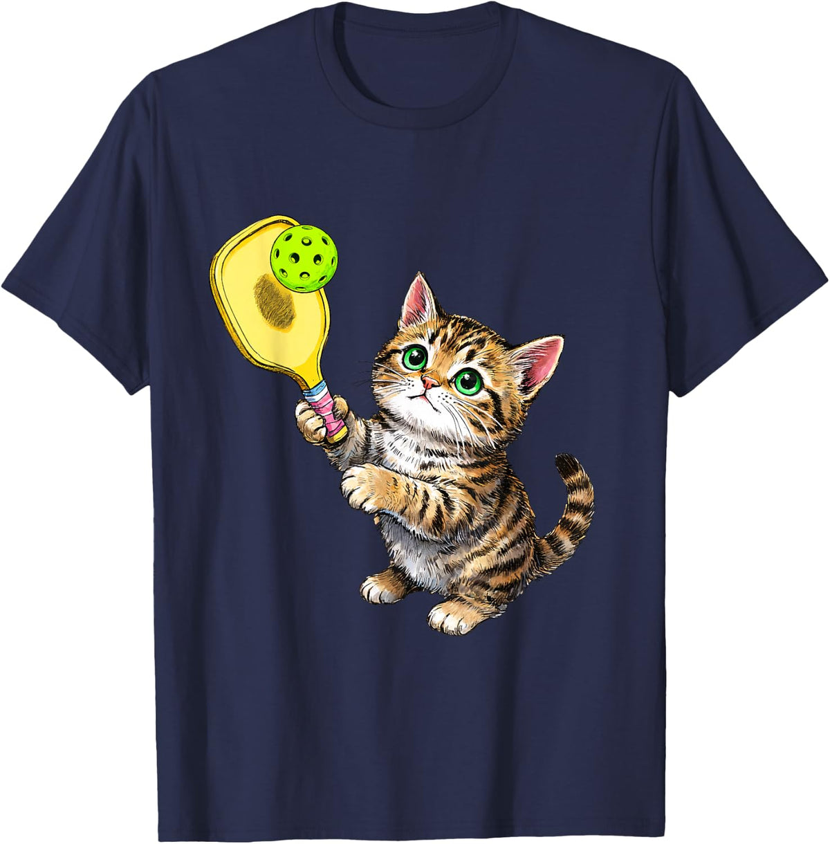 Funny Kitten Playing Pickleball Tabby Cat Paddleball Player T-Shirt - Navy Blue