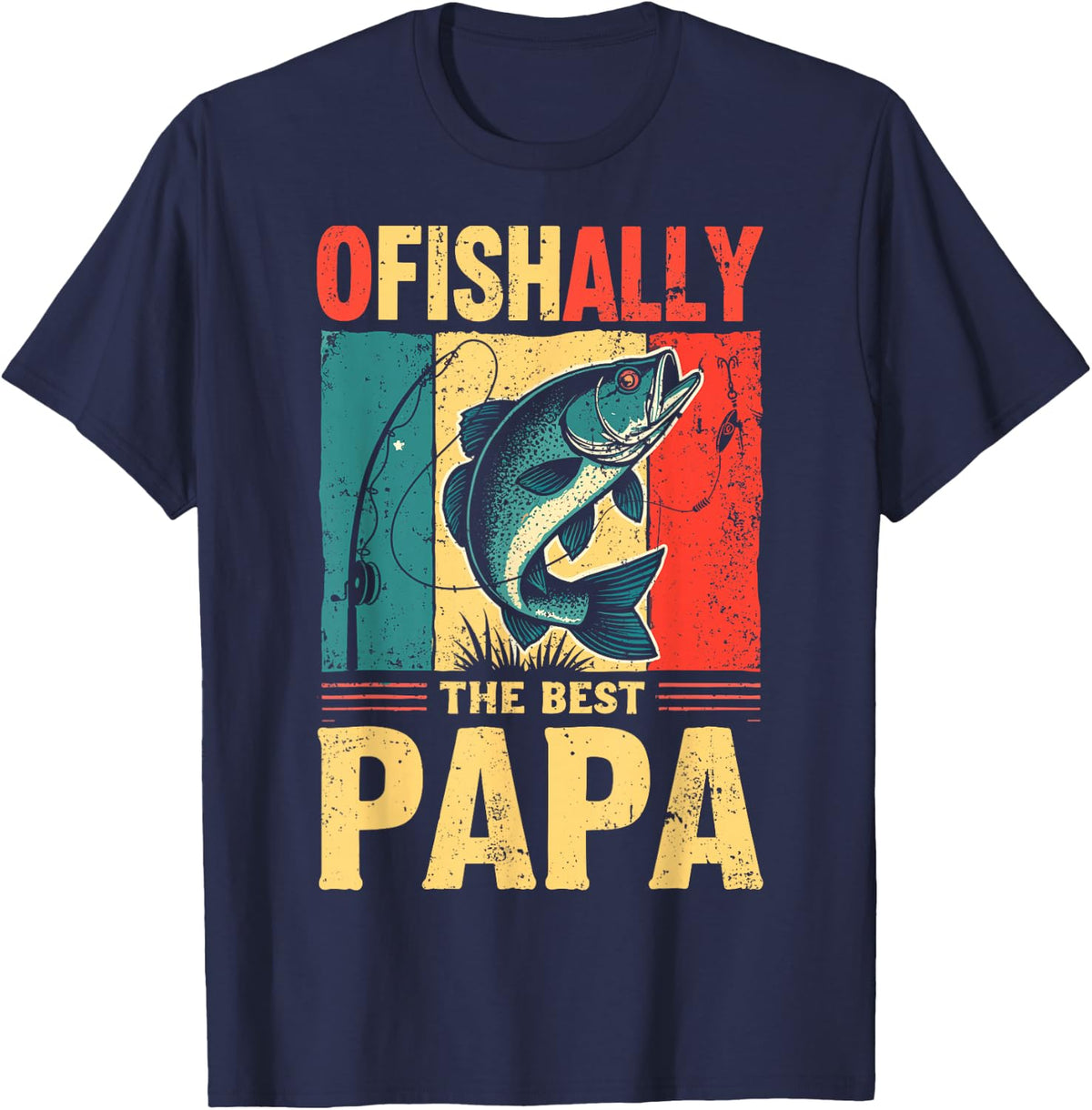 Ofishally The Best Papa Grandpa Fisherman Fishing Dad Retro T-Shirt - Navy Blue
