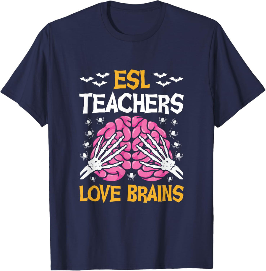 ESL Teachers Love Brains Funny Halloween School T-Shirt - Navy Blue
