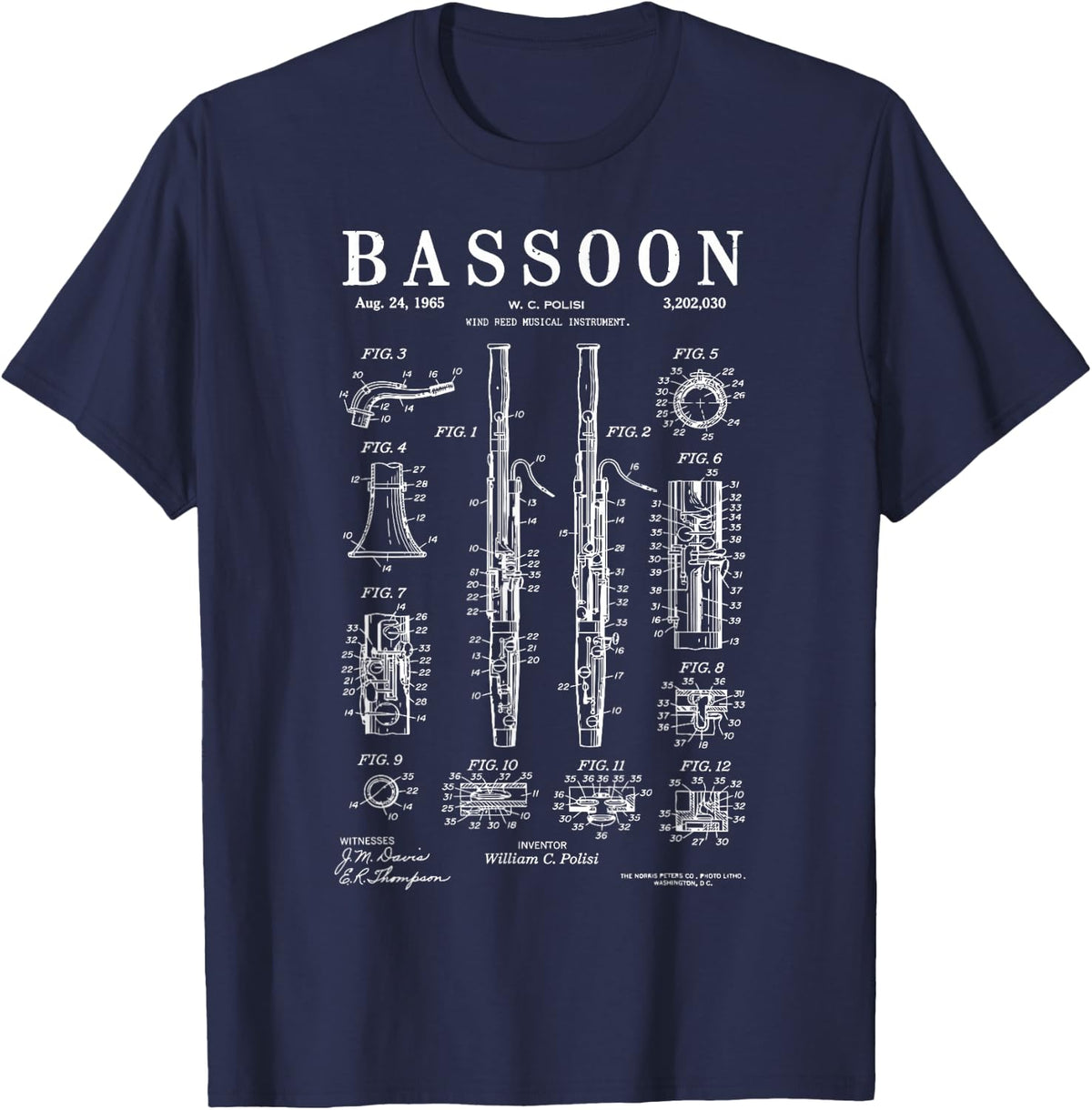 Vintage Bassoon Player Patent Blueprint Bassoonist Musician T-Shirt - Navy Blue