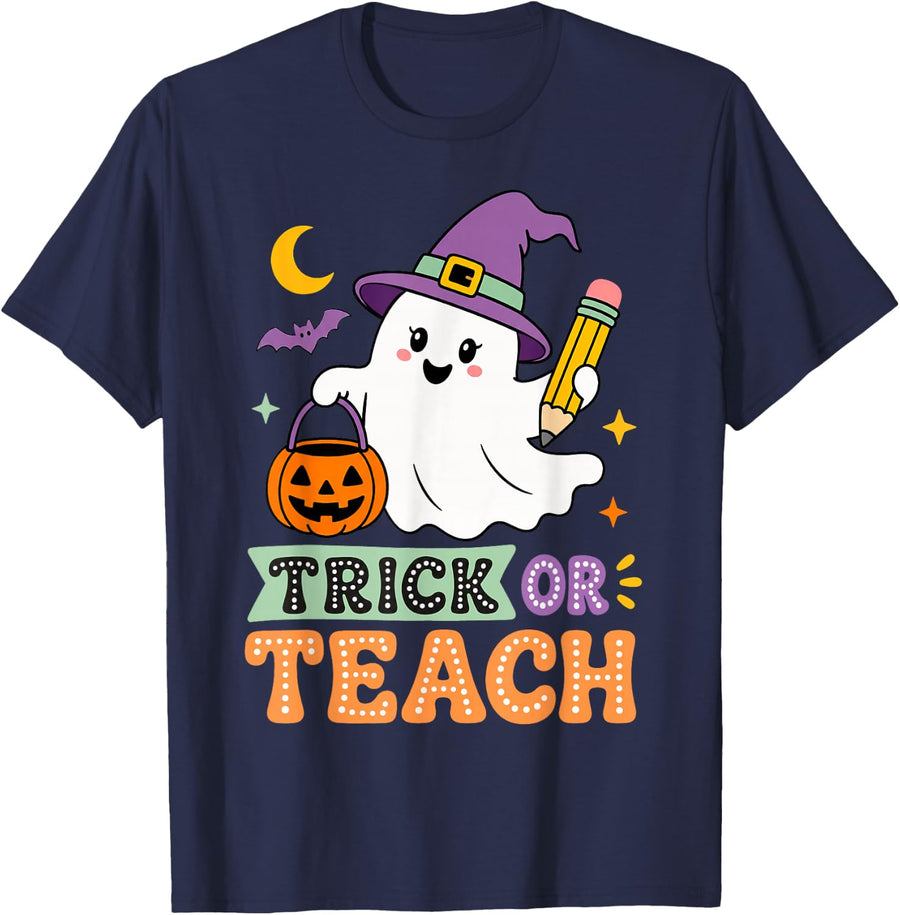 Groovy Trick Or Teach Halloween Ghost Teacher Spooky Season T-Shirt - Navy Blue