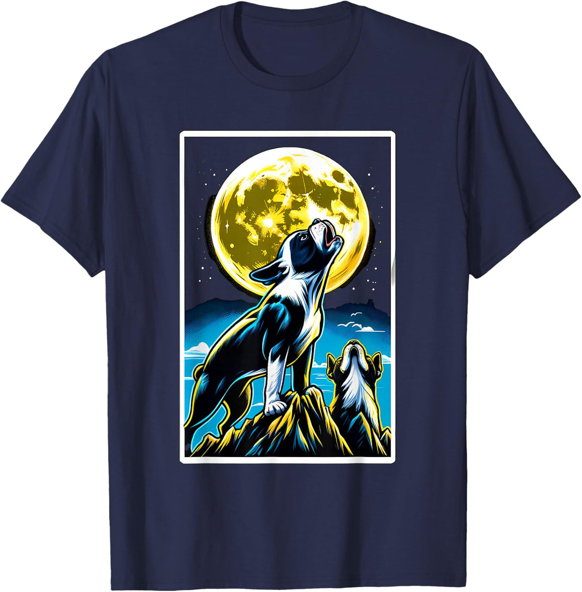 Howling At The Moon Boston Terrier Dog T-Shirt - Navy Blue