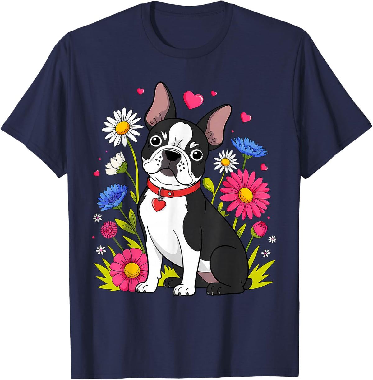 Cute Boston Terrier Dog on Boston Terrier Lover T-Shirt - Navy Blue