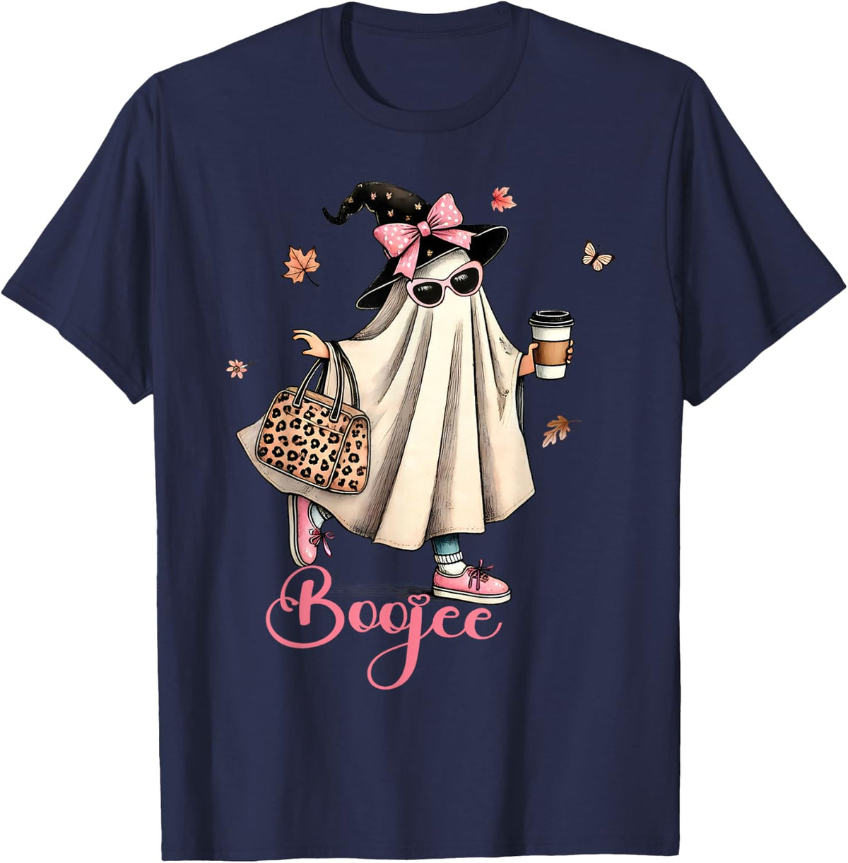 Boo JEE Ghost Drinking Coffee Coquette Bow Halloween Women T-Shirt - Navy Blue
