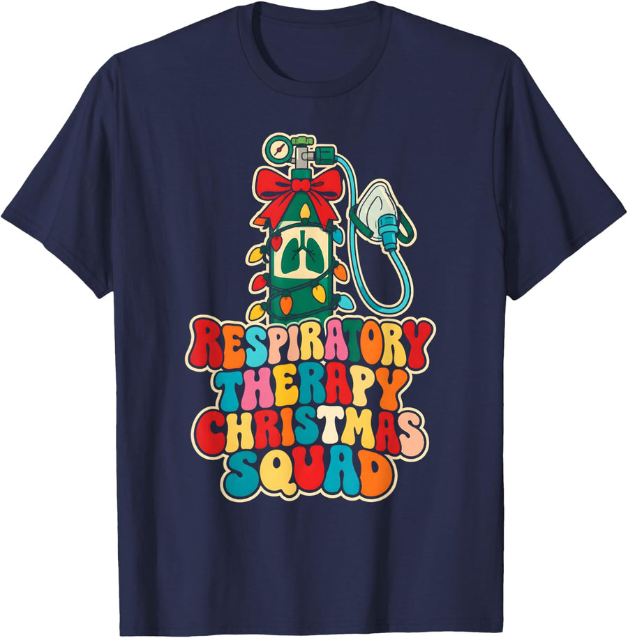Respiratory Therapist Christmas Squad Groovy 70s T-Shirt - Navy Blue