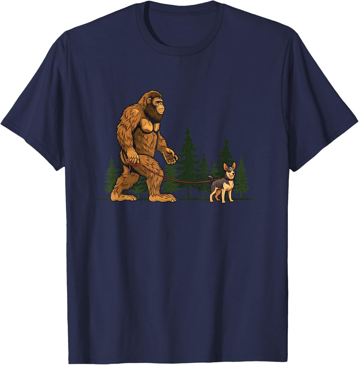 Funny Lancashire Heeler Bigfoot Dog Walking Dog Mom Dad Kids T-Shirt - Navy Blue