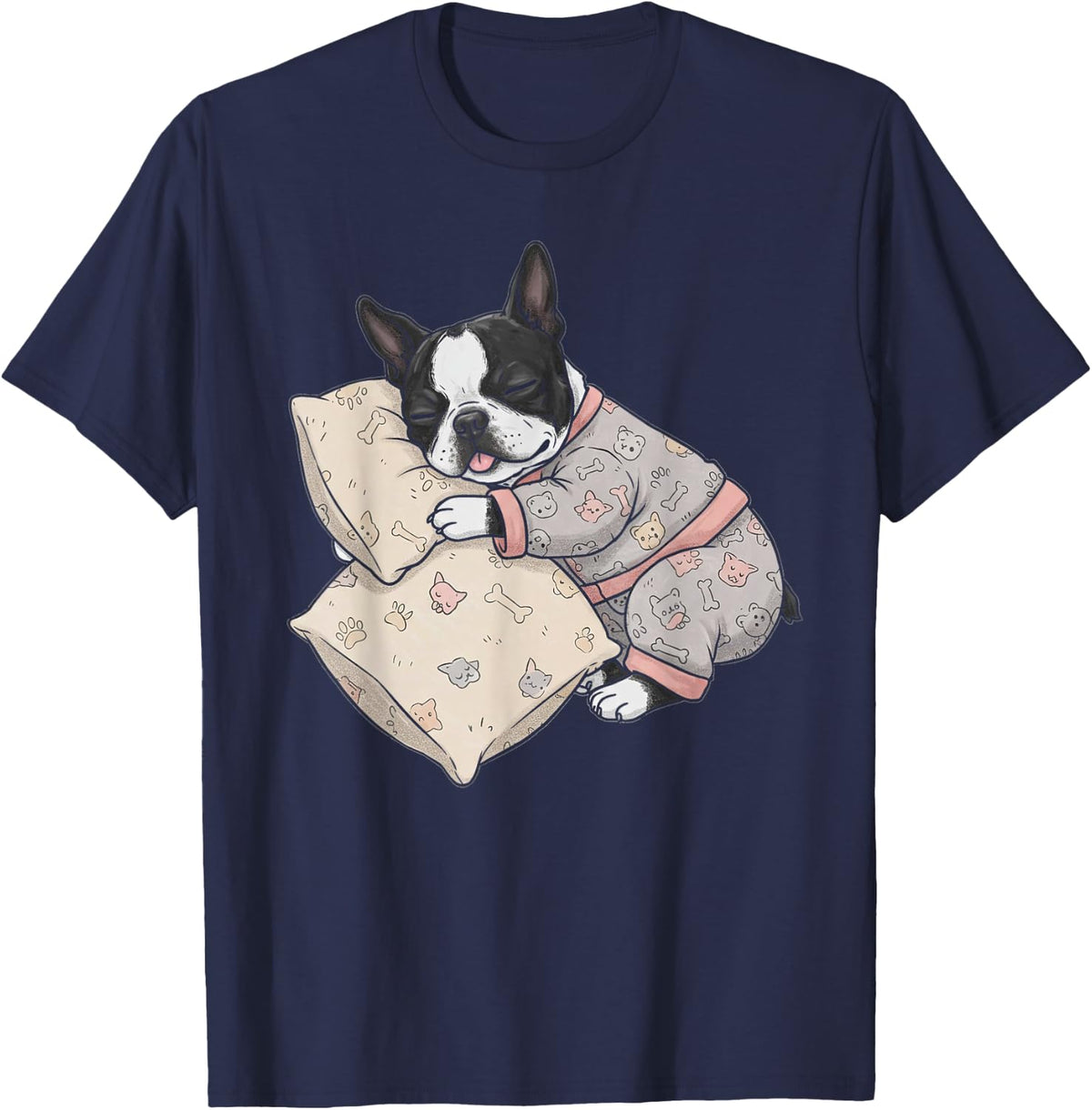 Funny Sleepy Boston Terrier Pajama T-Shirt Tee for Men Women Kids Dog Lovers - Navy Blue