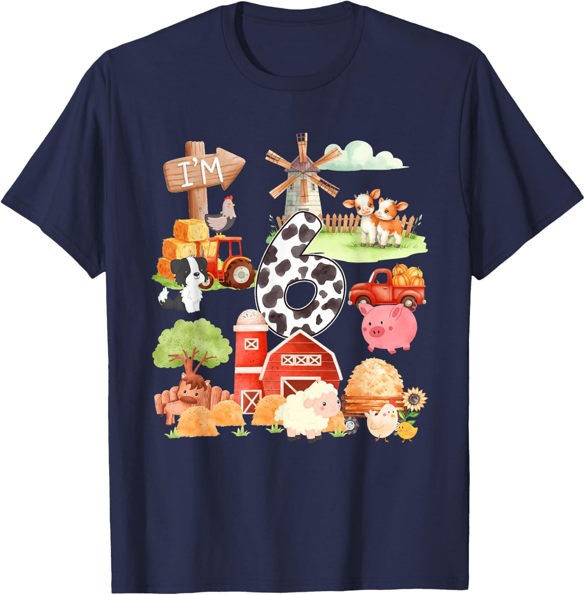 6 Year Old Farmer Lover 6th Birthday Farm Animals Theme T-Shirt - Navy Blue