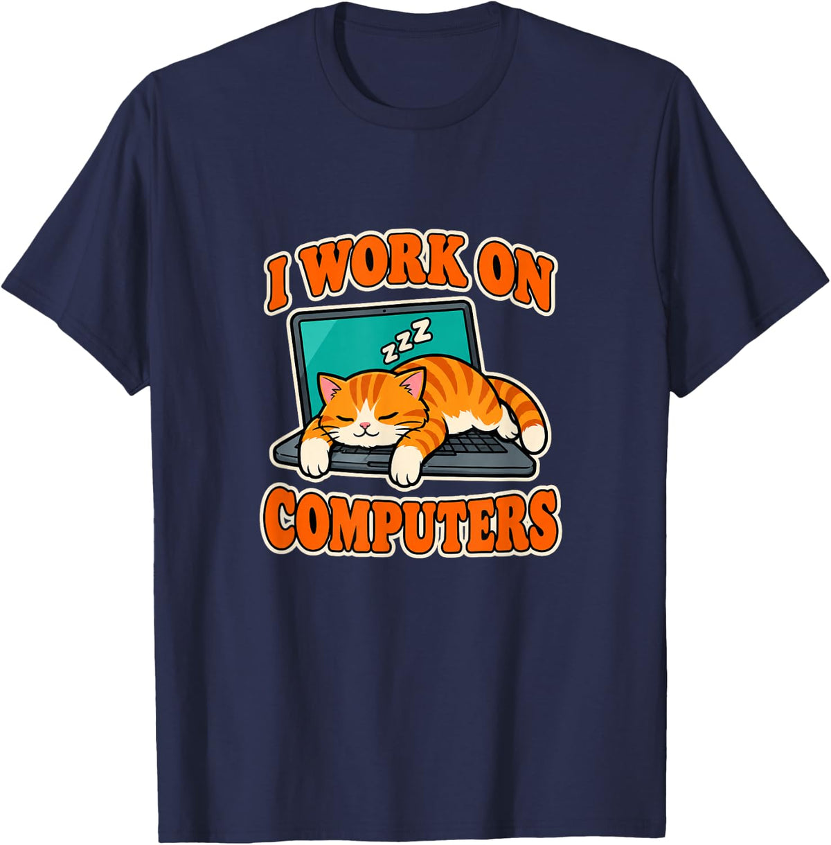 I Work On Computers Cat Sleeping on Laptop Funny Halloween T-Shirt - Navy Blue