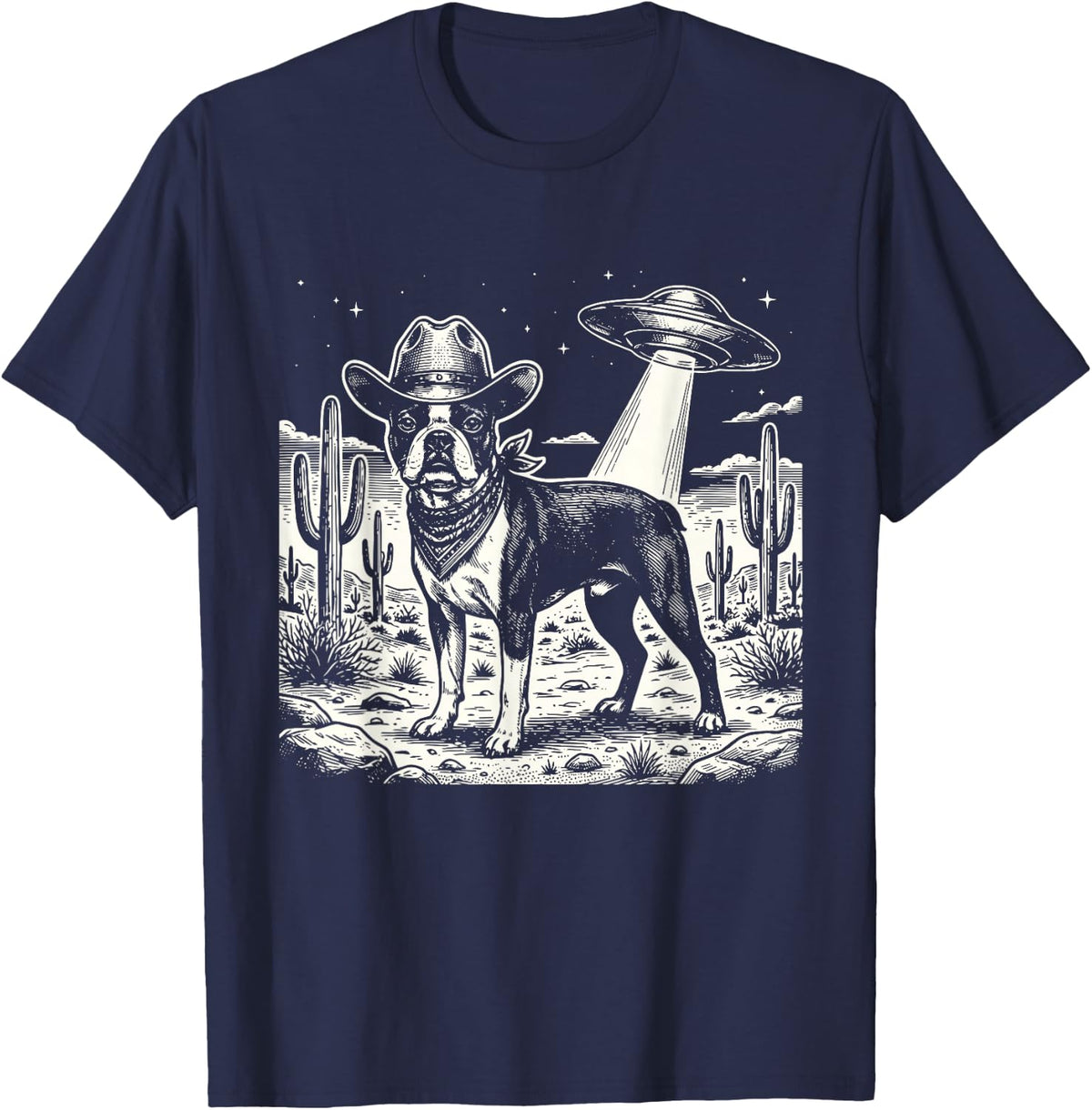 Cowboy Boston Terrier T-Shirt - Boston Bull Terrier Lover Tees Dog Dad Shirt for Men Women - Navy Blue