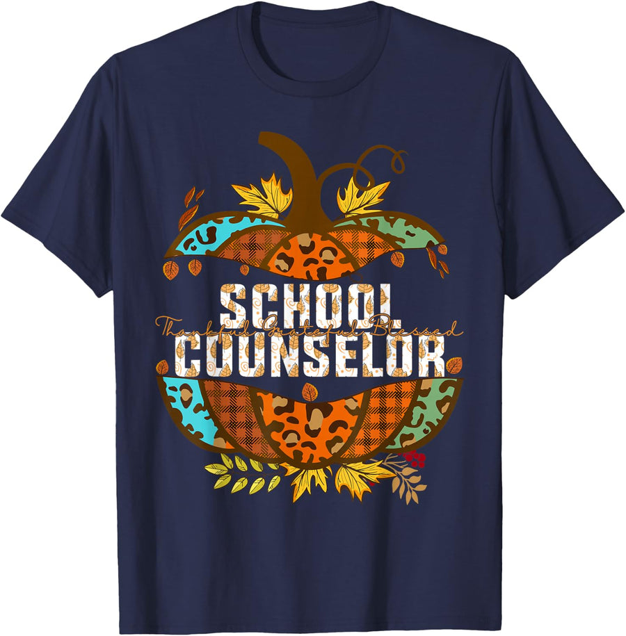School Counselor Thankful Grateful Blessed Fall Pumpkin T-Shirt - Navy Blue