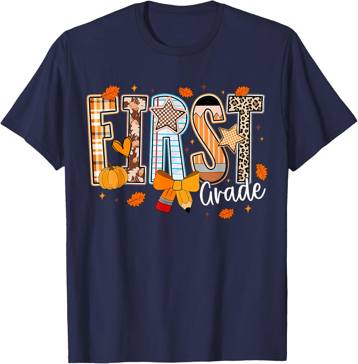 First Grade Fall Floral Coquette Bow Teachers Students T-Shirt - Navy Blue
