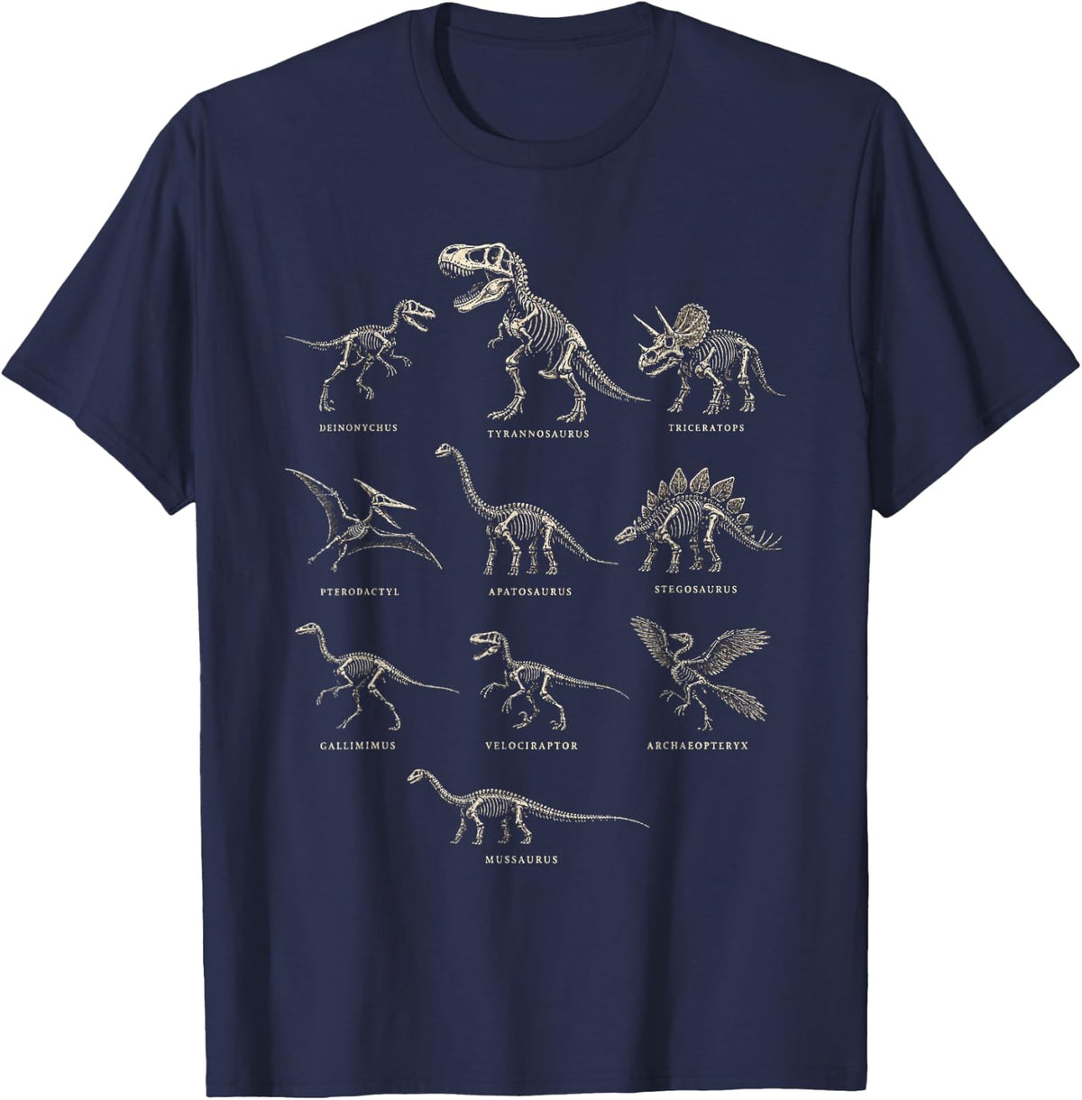 Dinosaur Fossil Chart T Rex Velociraptor Triceratops Names T-Shirt - Navy Blue