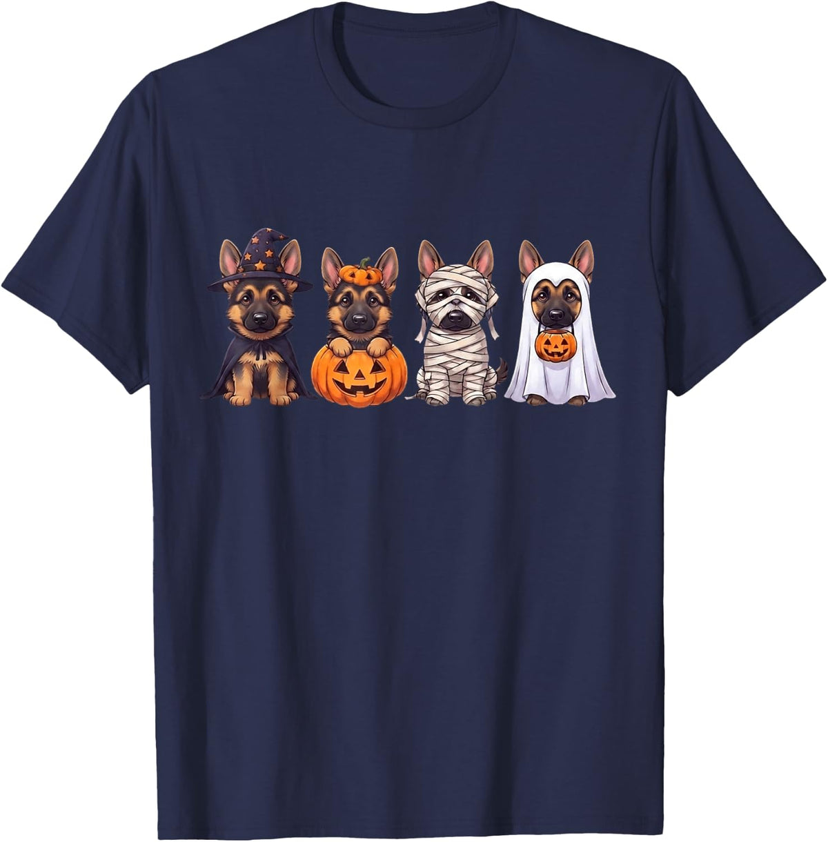 Cute German Shepherd Halloween Witch Mummy Pumpkin Dog T-Shirt - Navy Blue