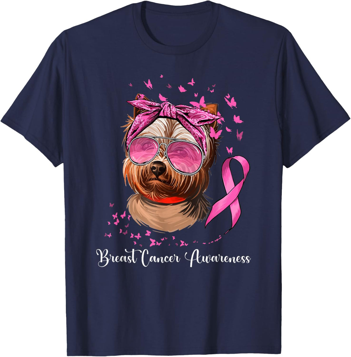 Yorkie Dog Lover Pink Ribbon Breast Cancer Awareness T-Shirt - Navy Blue