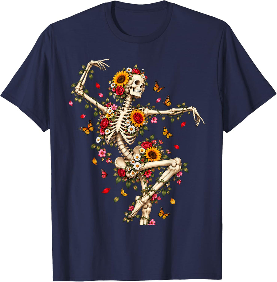 Floral Dancing Skeleton Goth Wildflowers Grunge Halloween T-Shirt - Navy Blue
