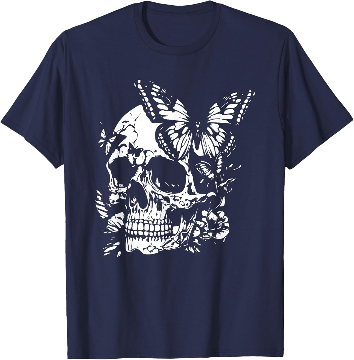 Skull and Butterfly Cute Spooky Halloween T-Shirt - Navy Blue