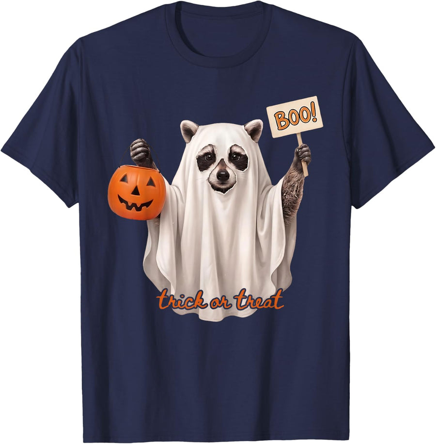 Trick or Treat Halloween Raccoon Meme Ghost Spooky Season T-Shirt - Navy Blue