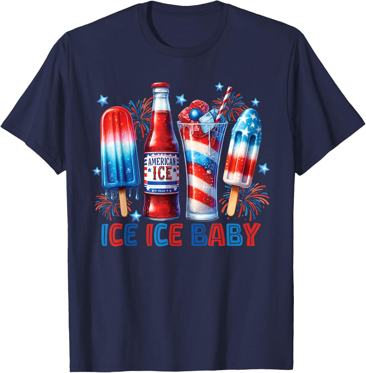 Funny Ice ice baby Cream Cone American flag usa 4th of July T-Shirt - Navy Blue