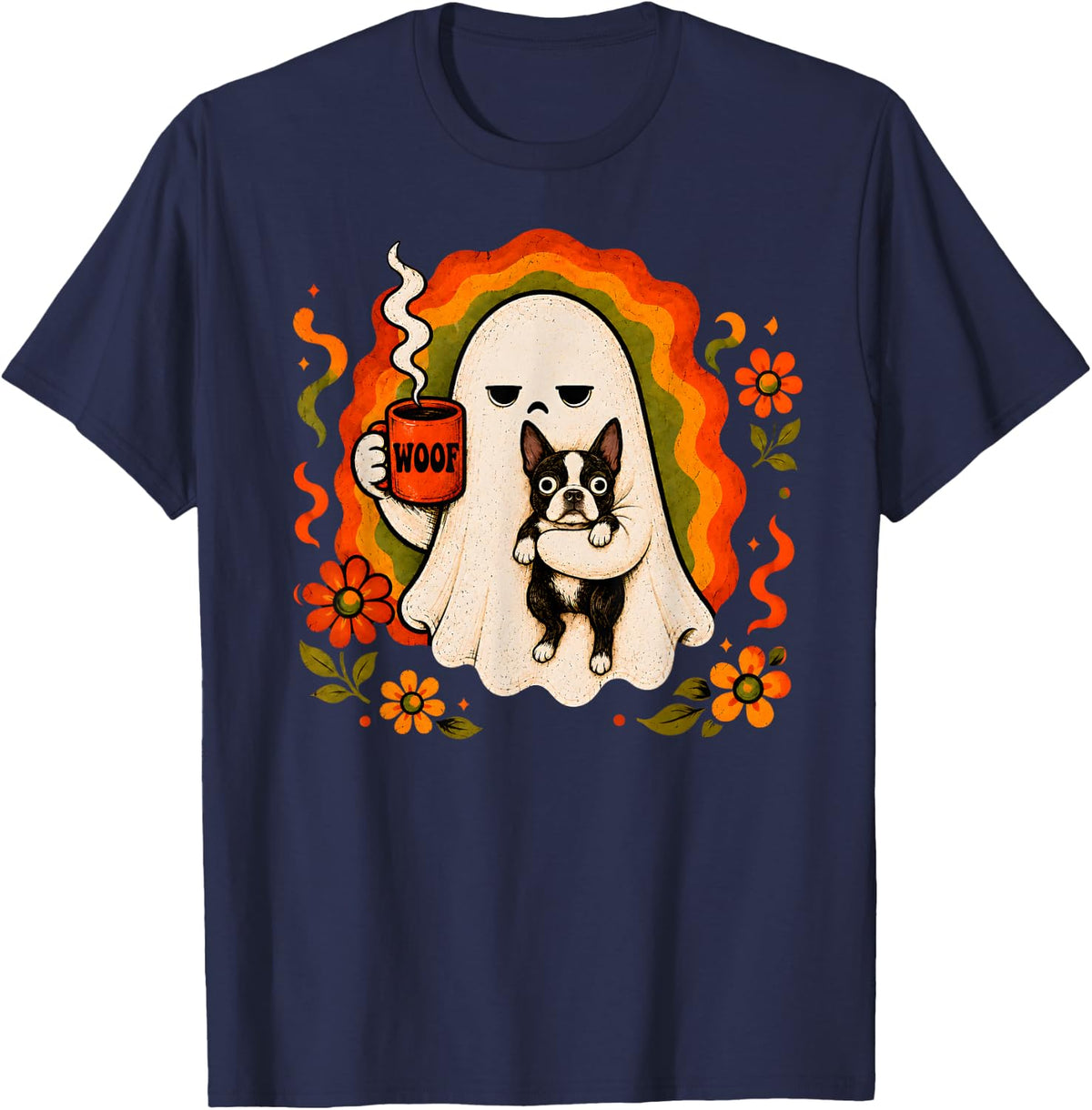 Grumpy Ghost Boston Terrier Holding Coffee Spooky Fanny Tee T-Shirt - Navy Blue