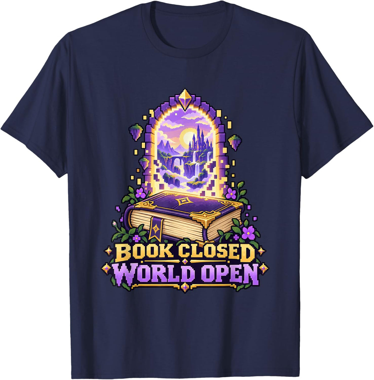 Pixel Art Open Book Portal Fantasy T-Shirt - Navy Blue