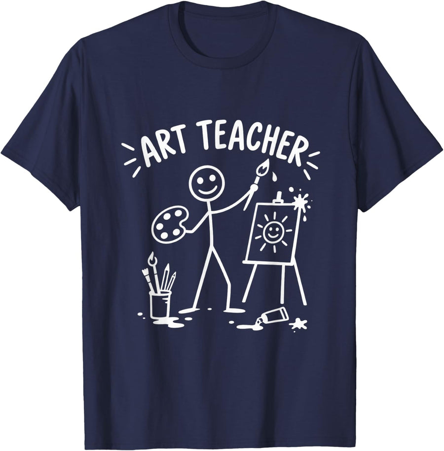 Art Teacher Back to School Stick Figure Painter Easel T-Shirt - Navy Blue