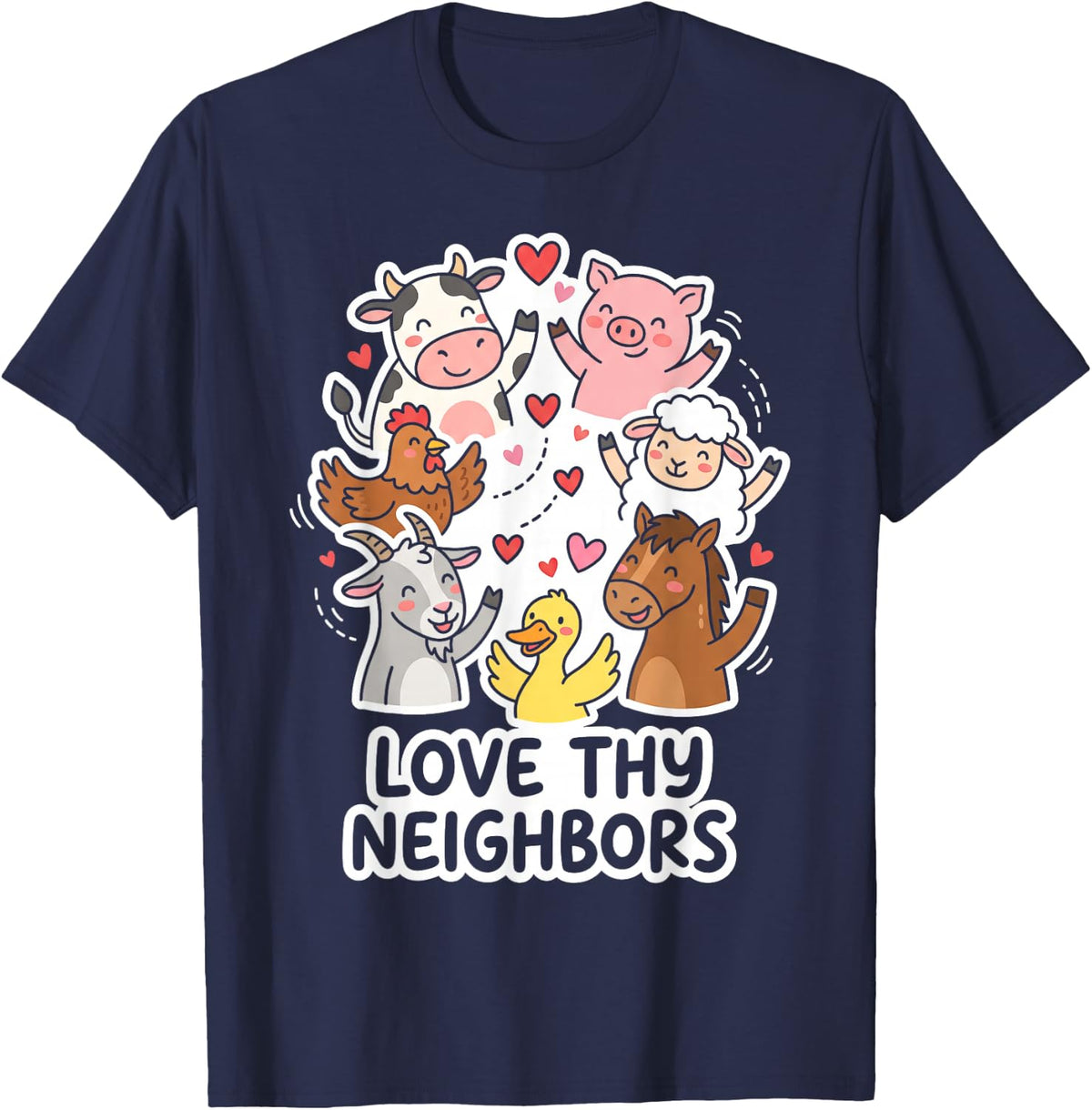 Love Thy Neighbors Farm Animals Cow Funny Farmer Doodle T-Shirt - Navy Blue