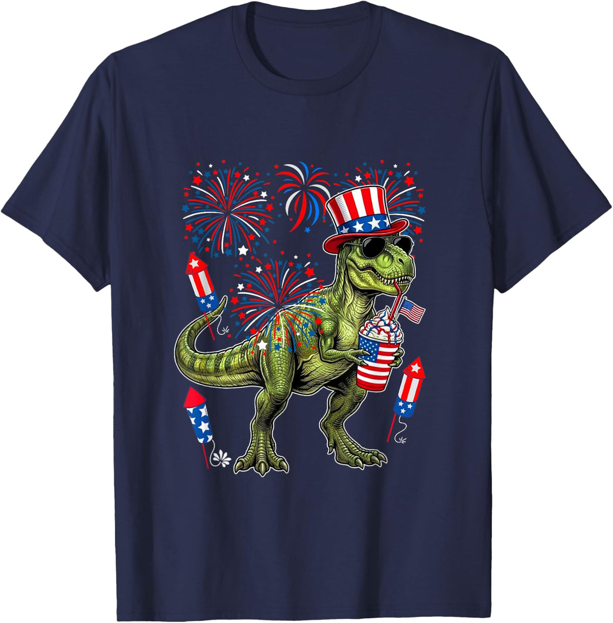 T-Rex Sunglasses Coffeee 4th of July US Flag Fireworks T-Shirt - Navy Blue