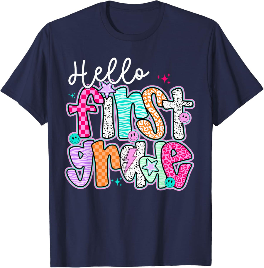 Hello First Grade Team Teacher T-Shirt 1st Grade Back to School Tee for Kids - Navy Blue