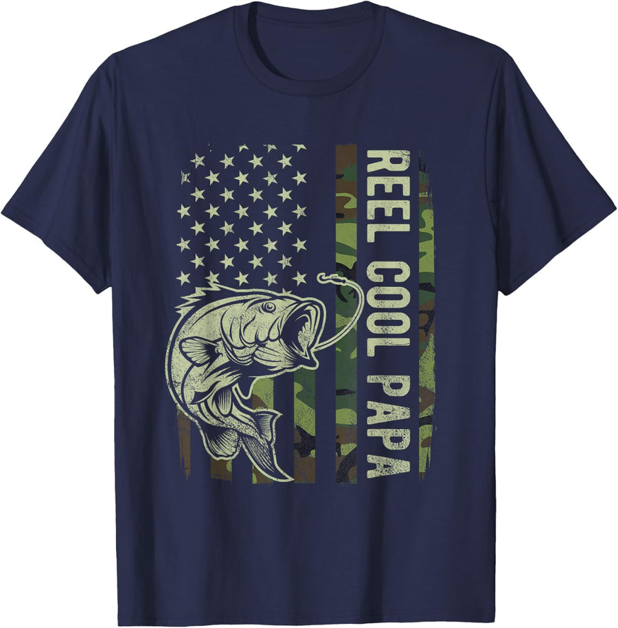 Reel Cool Papa Camouflage American Flag Bass Fish Fisherman T-Shirt - Navy Blue