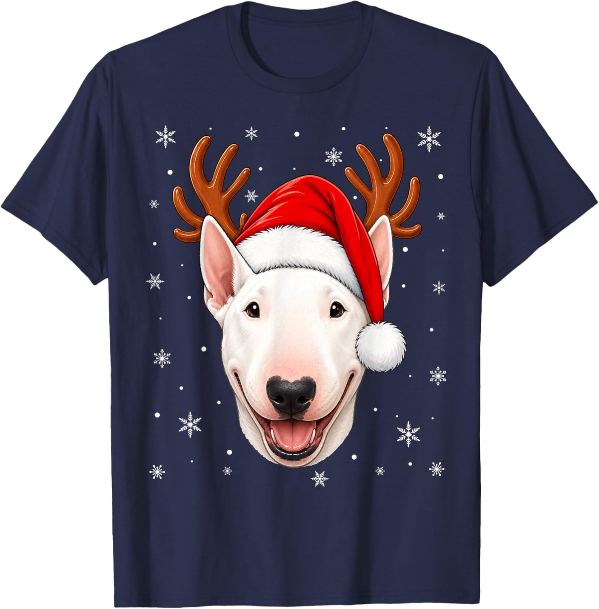 Cute Reindeer Horn Santa Bull Terrier Dog Christmas T-Shirt - Navy Blue