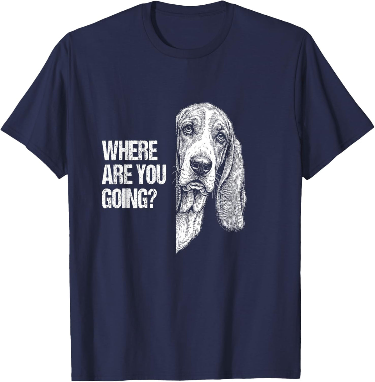 Peeking Basset Hound Where are You Going Funny T-Shirt - Navy Blue