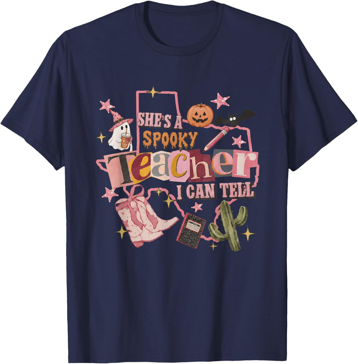 She's A Spooky Teacher I Can Tell Spooky Halloween Cowgirl T-Shirt - Navy Blue