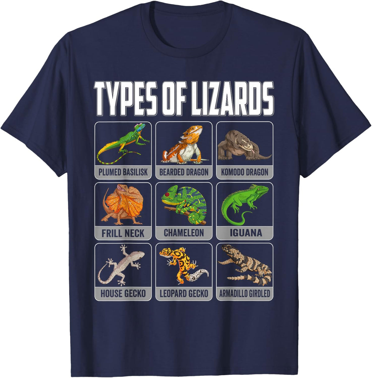 Types of Lizards Reptile Shirt Herpetology Bearded Dragon Tee T-Shirt Men Boys Kids - Navy Blue