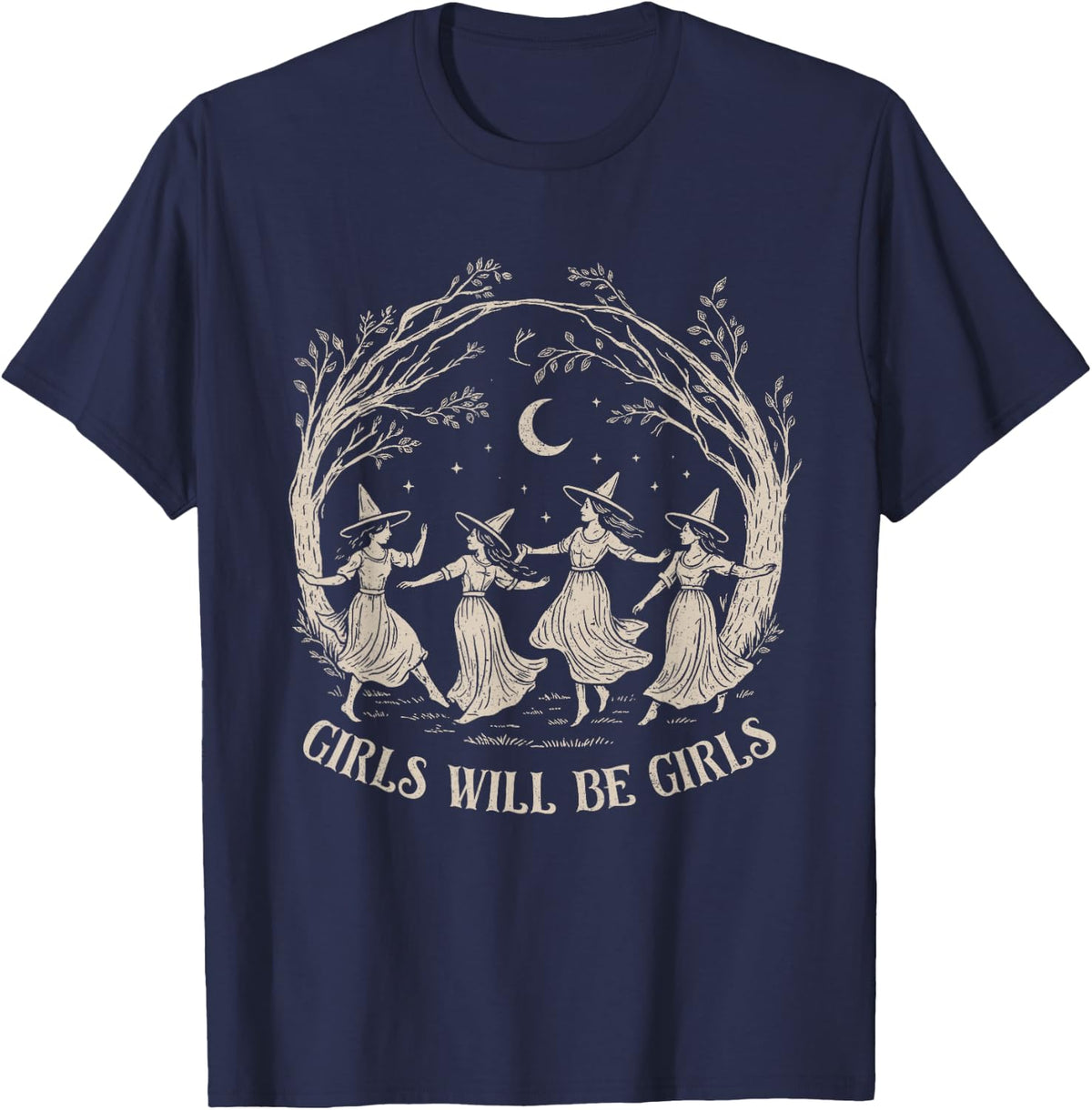 Girls Will Be Girls Witch Shirt Halloween Tees T-Shirts for Women Men Kids Witchy Spooky Season - Navy Blue
