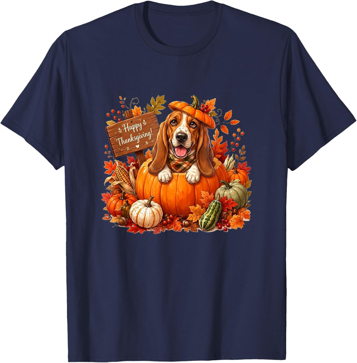 Basset Hound Inside Pumpkin Fall Leaves Thanksgiving Owner T-Shirt - Navy Blue