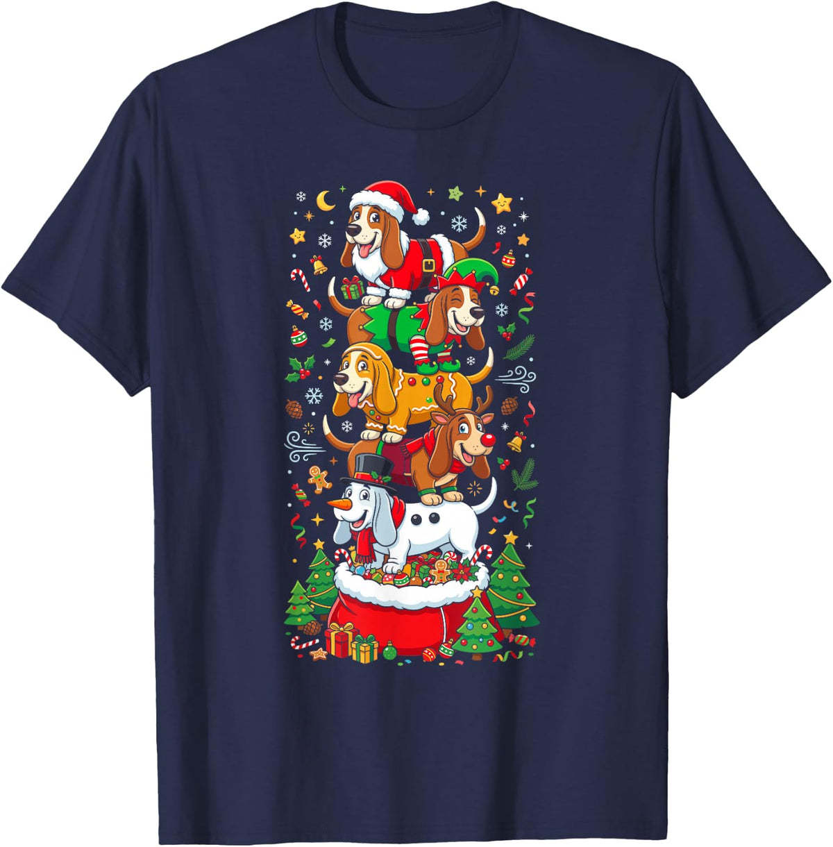 Funny Christmas Basset Hound Santa Elf Snowman Womens Mens T-Shirt - Navy Blue