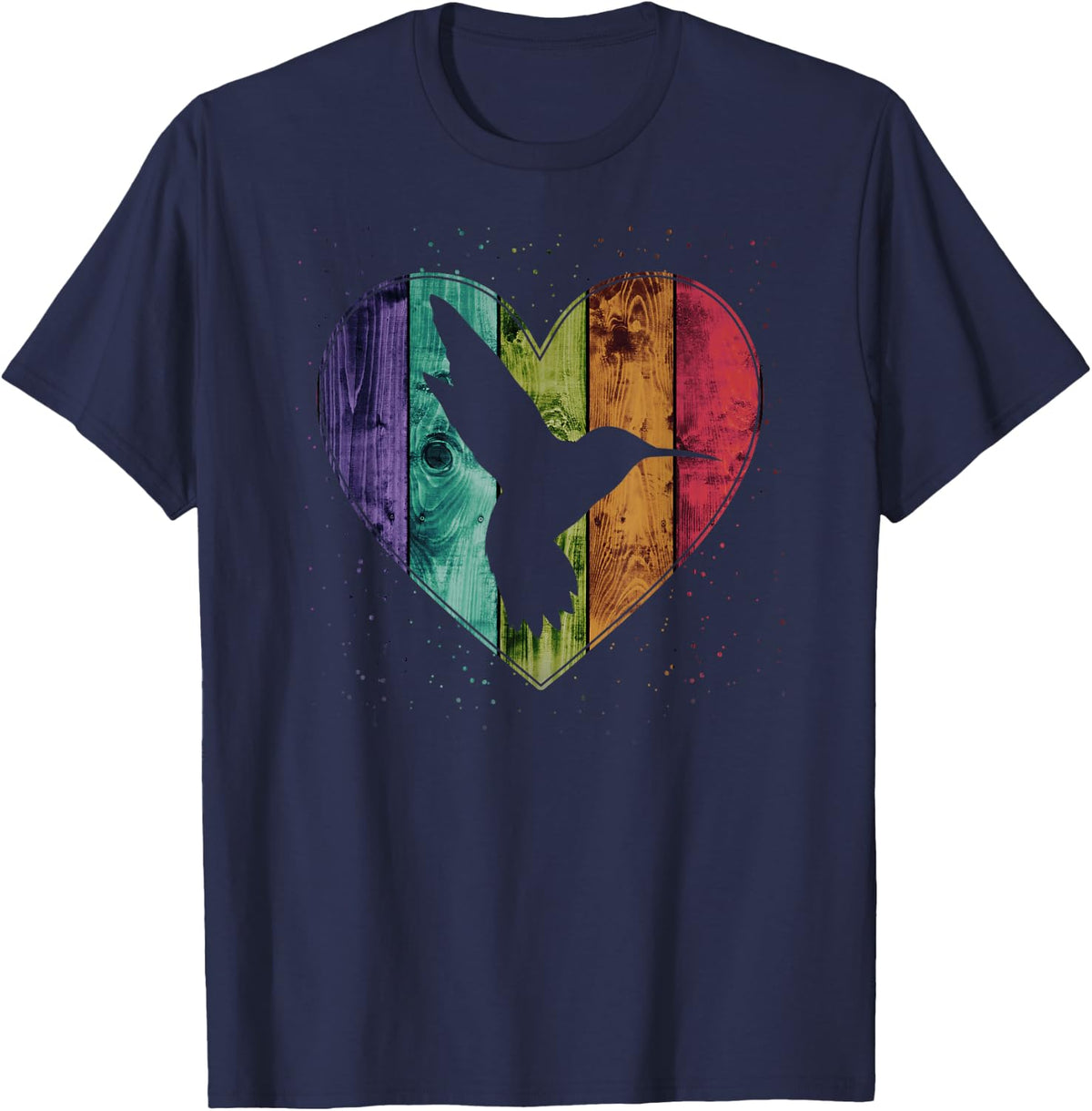 Distressed Wooden Heart Hummingbird Colorful T-Shirt T-Shirt - Navy Blue