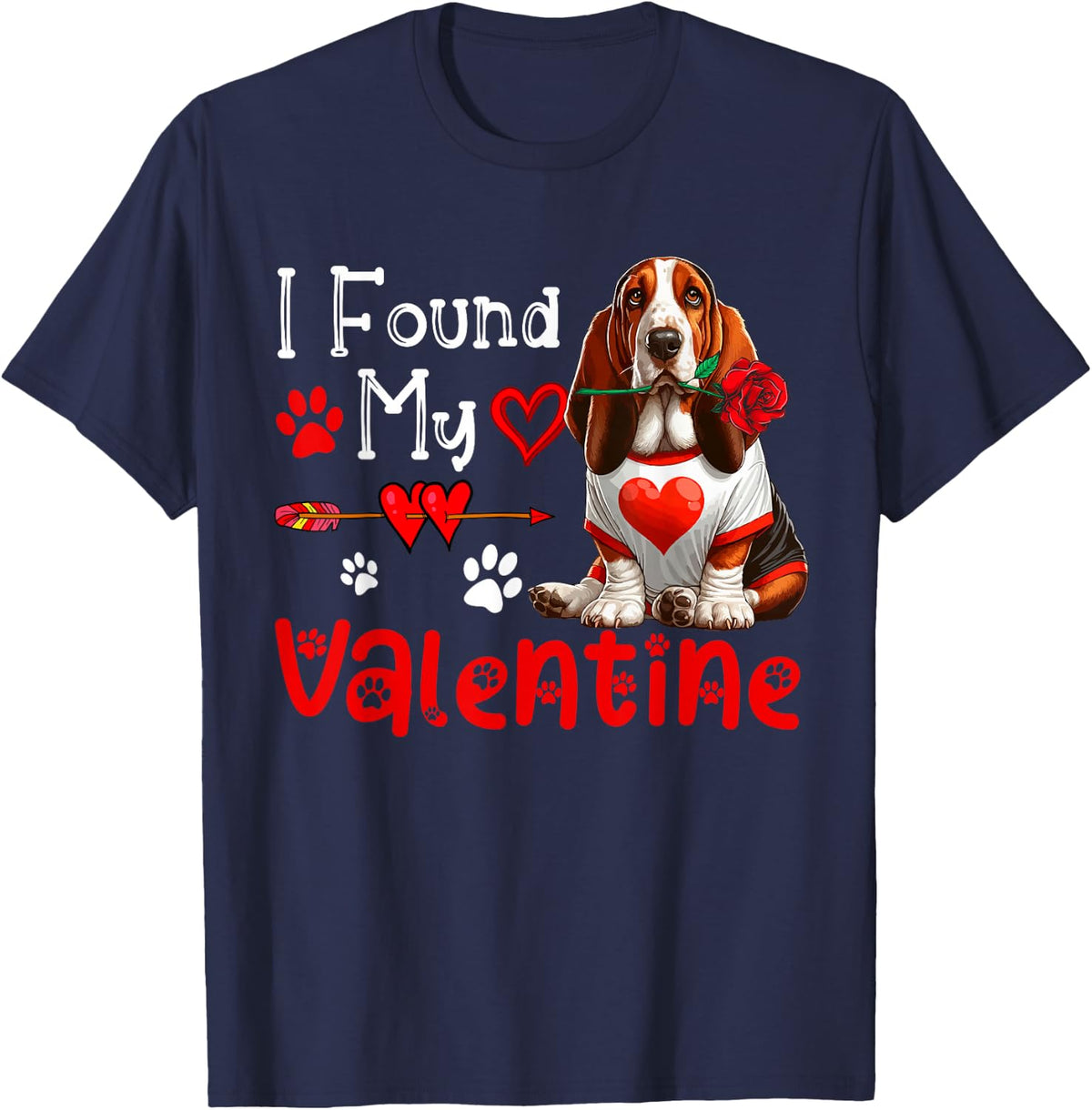 I Found My Valentine Basset Hound With Flower Cute Hearts Tee T-Shirt For Dog Lovers - Navy Blue