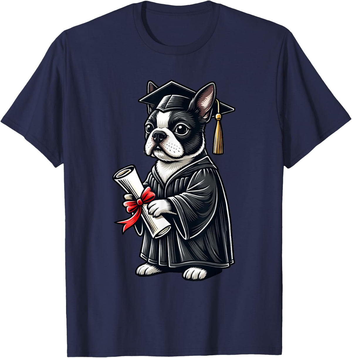 Cute Boston Terrier Dog Graduation T-Shirt - Navy Blue