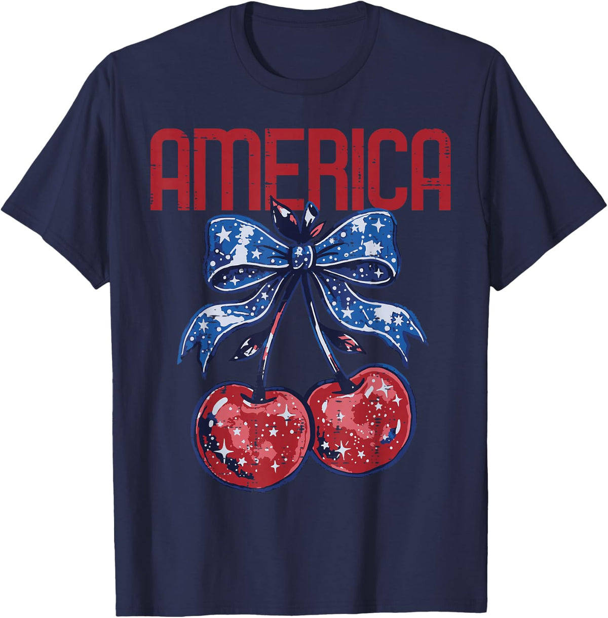 4th of July America Cherry Bow Patriotic Women Girls Kids T-Shirt - Navy Blue