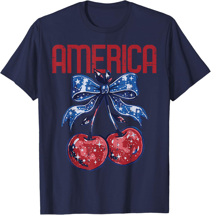 4th of July America Cherry Bow Patriotic Women Girls Kids T-Shirt - Navy Blue