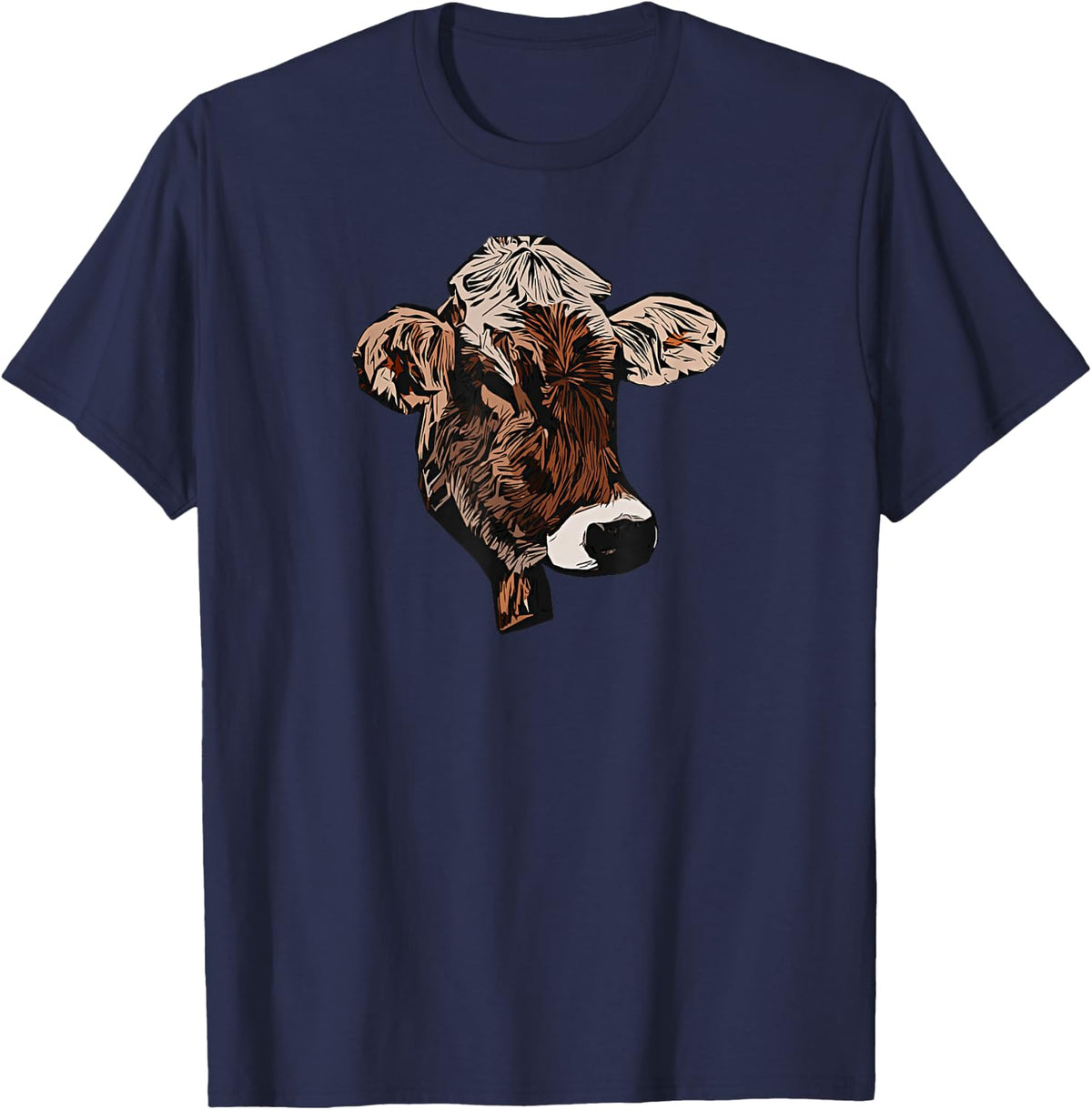 Realistic Brown Cow Head Illustration T-Shirt - Navy Blue