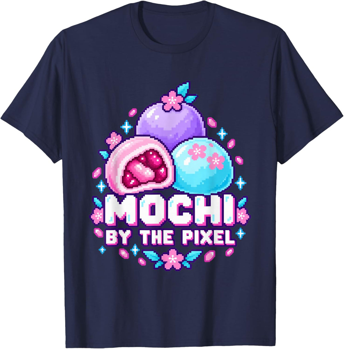 Pixel Mochi Trio with Cherry Blossoms T-Shirt - Navy Blue