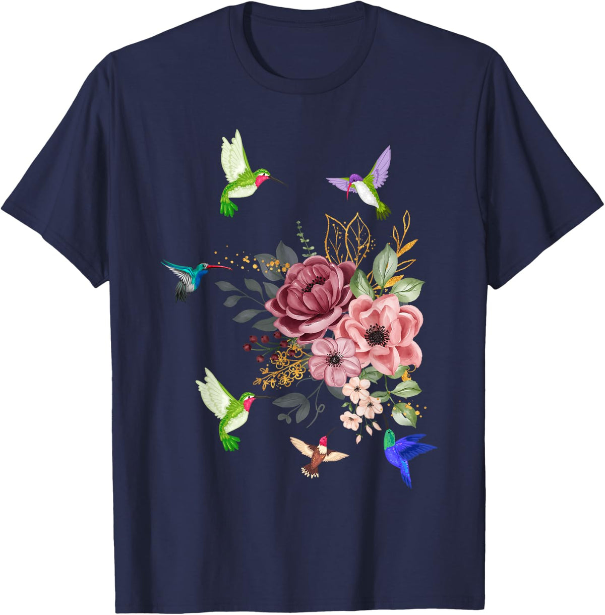 Hummingbird Lover Nature Bird Vintage Flower Hummingbird T-Shirt - Navy Blue