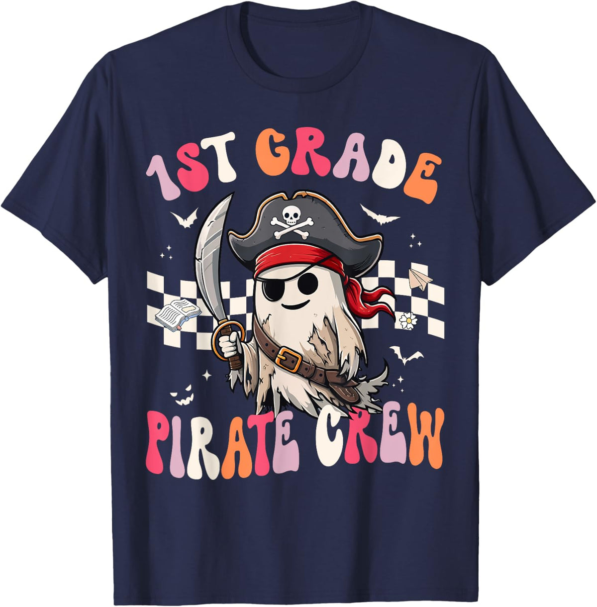 1st Grade Pirate Crew Teacher Halloween Student Ghost Retro T-Shirt - Navy Blue