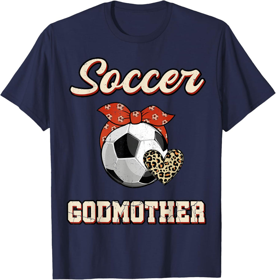 Soccer Godmother Bandana Leopard Heart Fans Mother's Day T-Shirt - Navy Blue