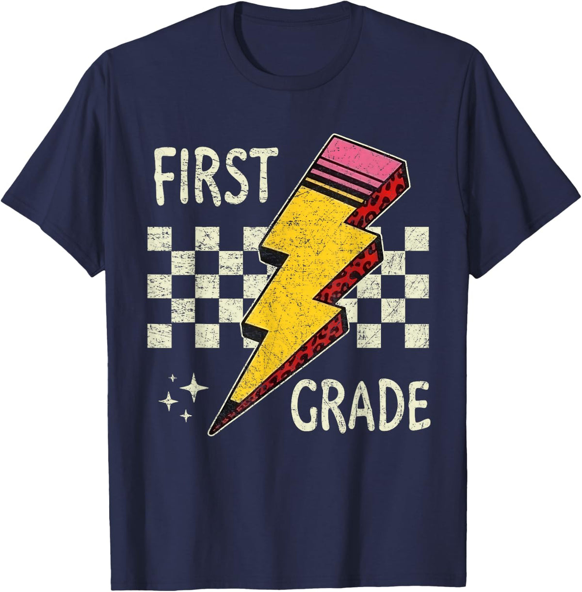 Retro First Grade Teacher Lightning Pencil Teacher Kids T-Shirt - Navy Blue