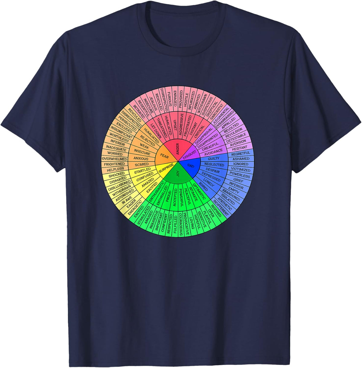 Feelings Wheel Emotion Chart Mental Health Therapy Chart T-Shirt - Navy Blue